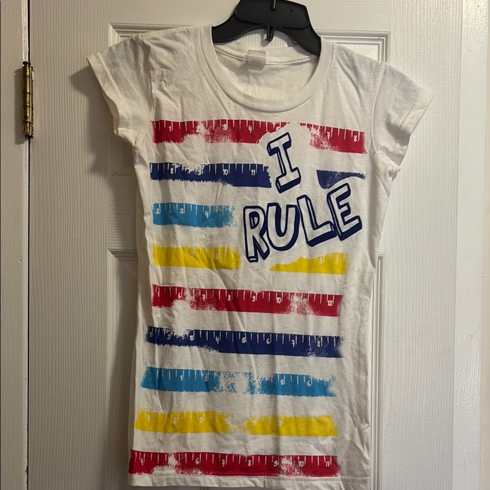 White Graphic T-Shirt with Multicolor Stripes